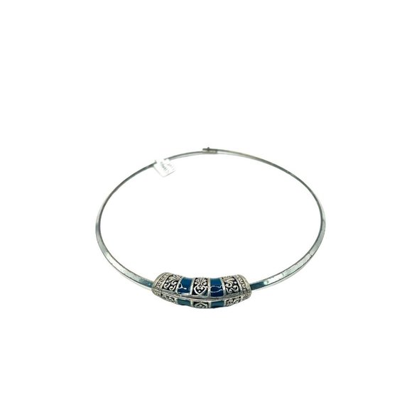 Tibetan Silver Filligree Sliding Pendant Charm Blue EnameL Necklace Choker VNTG - Picture 6 of 8